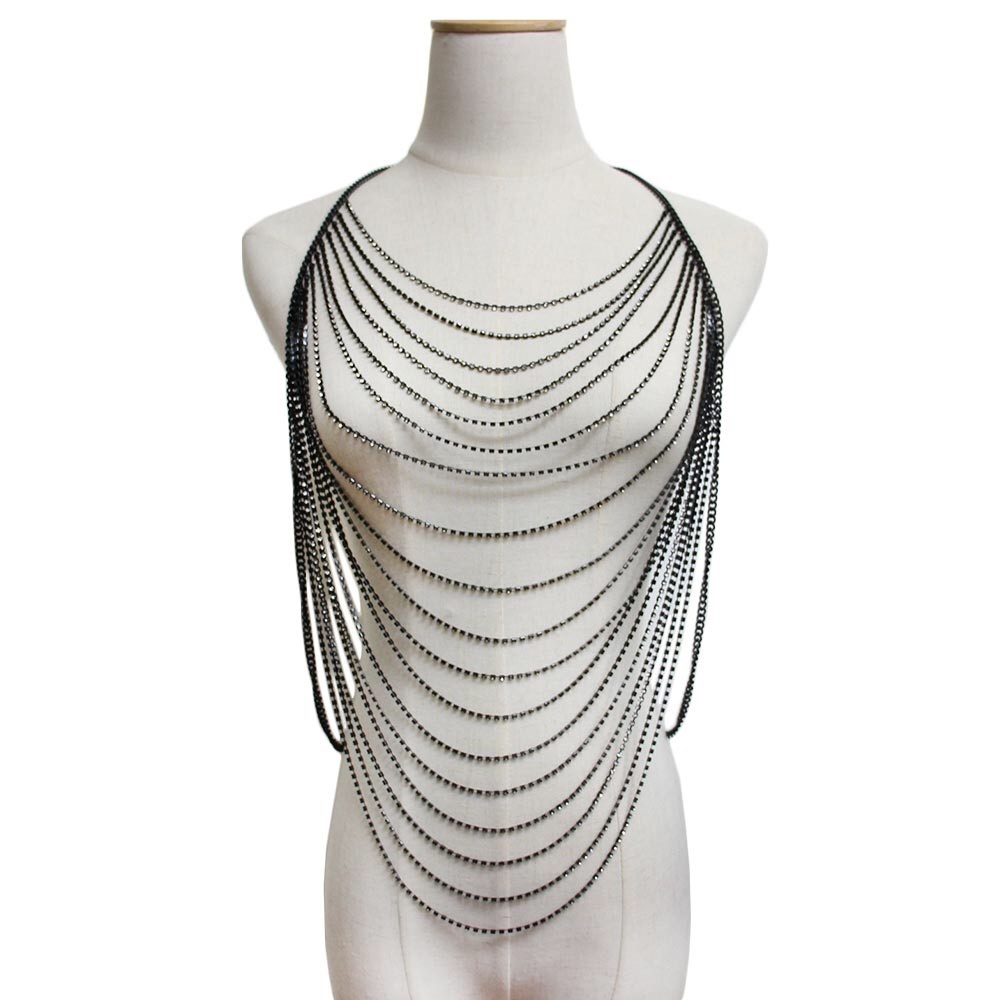 Silver Draped Crystal Rhinestone Body Chain Statement Necklace - Picture 3 of 3